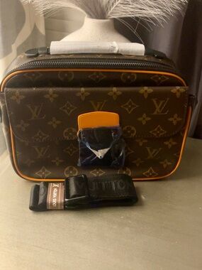 Brown Monogram Canvas Crossbody Bag with Orange Trim